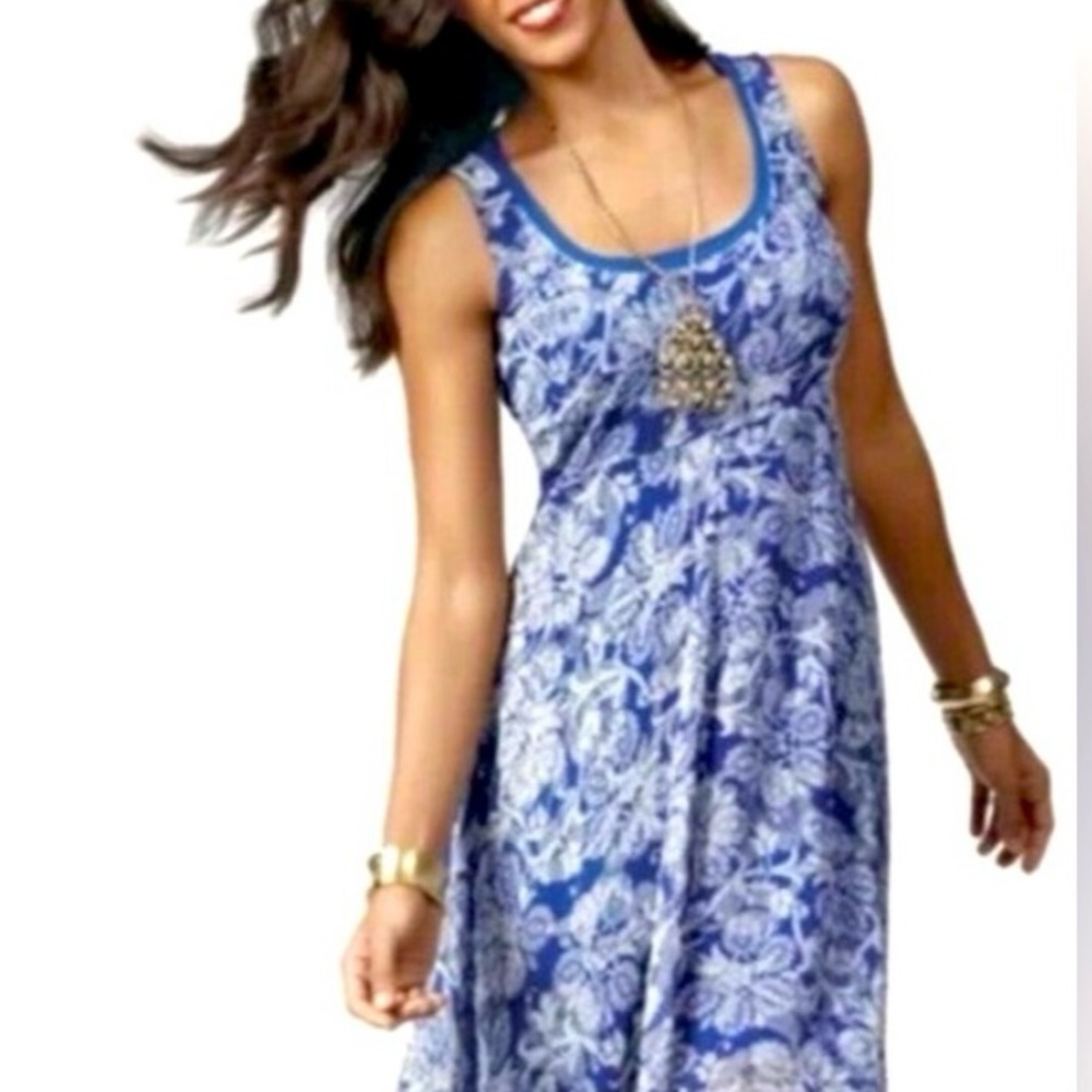 Cabi dress size M blue and white floral royal blue shell